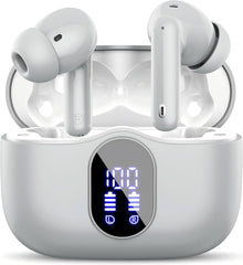 Wireless Earbuds, Bluetooth 5.4 Headphones Bass Stereo, Ear Buds with Noise Cancelling Mic, LED Display in Ear Earphones Clear Calls, IP7 Waterproof Bluetooth Earbuds for Phones/Sports/Laptop, White