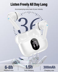Wireless Earbuds, Bluetooth 5.4 Headphones Bass Stereo, Ear Buds with Noise Cancelling Mic, LED Display in Ear Earphones Clear Calls, IP7 Waterproof Bluetooth Earbuds for Phones/Sports/Laptop, White