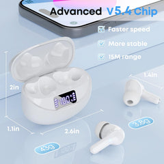 Wireless Earbuds, Bluetooth 5.4 Headphones HiFi Stereo 50H Playback LED Digital Display Ear Buds with ENC Noise Canceling Headset, IPX7 Waterproof Earphones for Running/Workout (White)