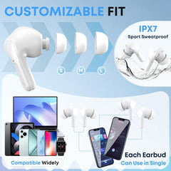Wireless Earbuds, Bluetooth 5.4 Headphones HiFi Stereo 50H Playback LED Digital Display Ear Buds with ENC Noise Canceling Headset, IPX7 Waterproof Earphones for Running/Workout (White)
