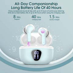 Wireless Earbuds, Bluetooth 5.4 Headphones HiFi Stereo, Bluetooth Earbuds with ENC Noise Cancelling Mic, IP7 Waterproof in Ear Earphones, 48H, LED Display Ear buds for Pad Phones Workout Sports, Azure