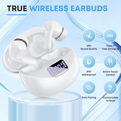 Wireless Earbuds, Bluetooth 5.4 Headphones HiFi Stereo 50H Playback LED Digital Display Ear Buds with ENC Noise Canceling Headset, IPX7 Waterproof Earphones for Running/Workout (White)