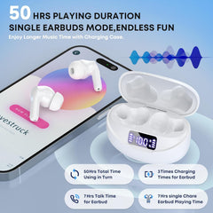 Wireless Earbuds, Bluetooth 5.4 Headphones HiFi Stereo 50H Playback LED Digital Display Ear Buds with ENC Noise Canceling Headset, IPX7 Waterproof Earphones for Running/Workout (White)