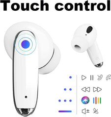 OMK Wireless Earbuds Waterproof Headset Noise Cancelling Earphones Long Battery Bluetooth Headphones with Wireless Charging Case for iPhone Android (White)